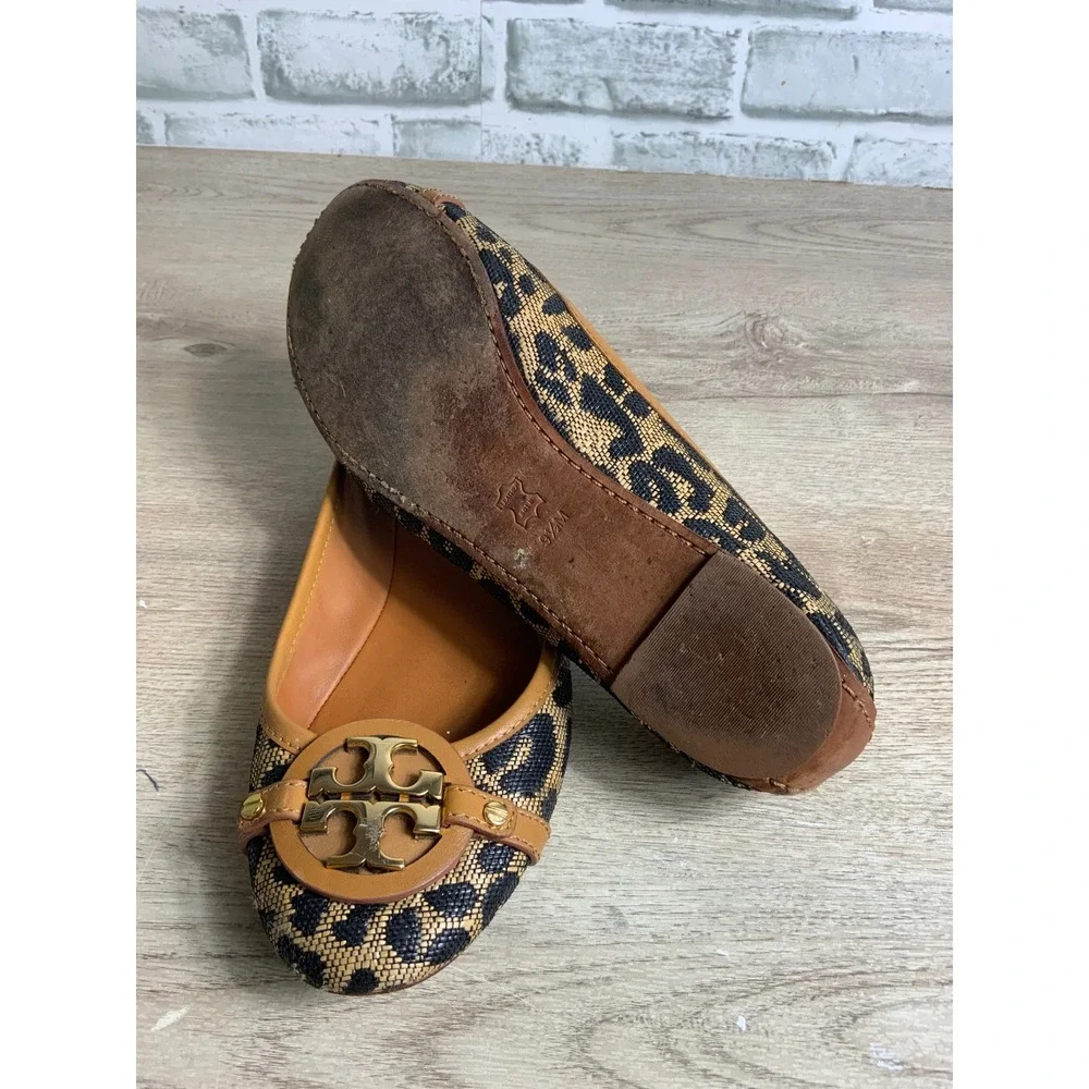 Tory Burch Tan Leopard Logo Ballet Flats